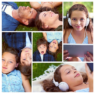 Buy stock photo Composite image of different members of a family relaxing outdoors