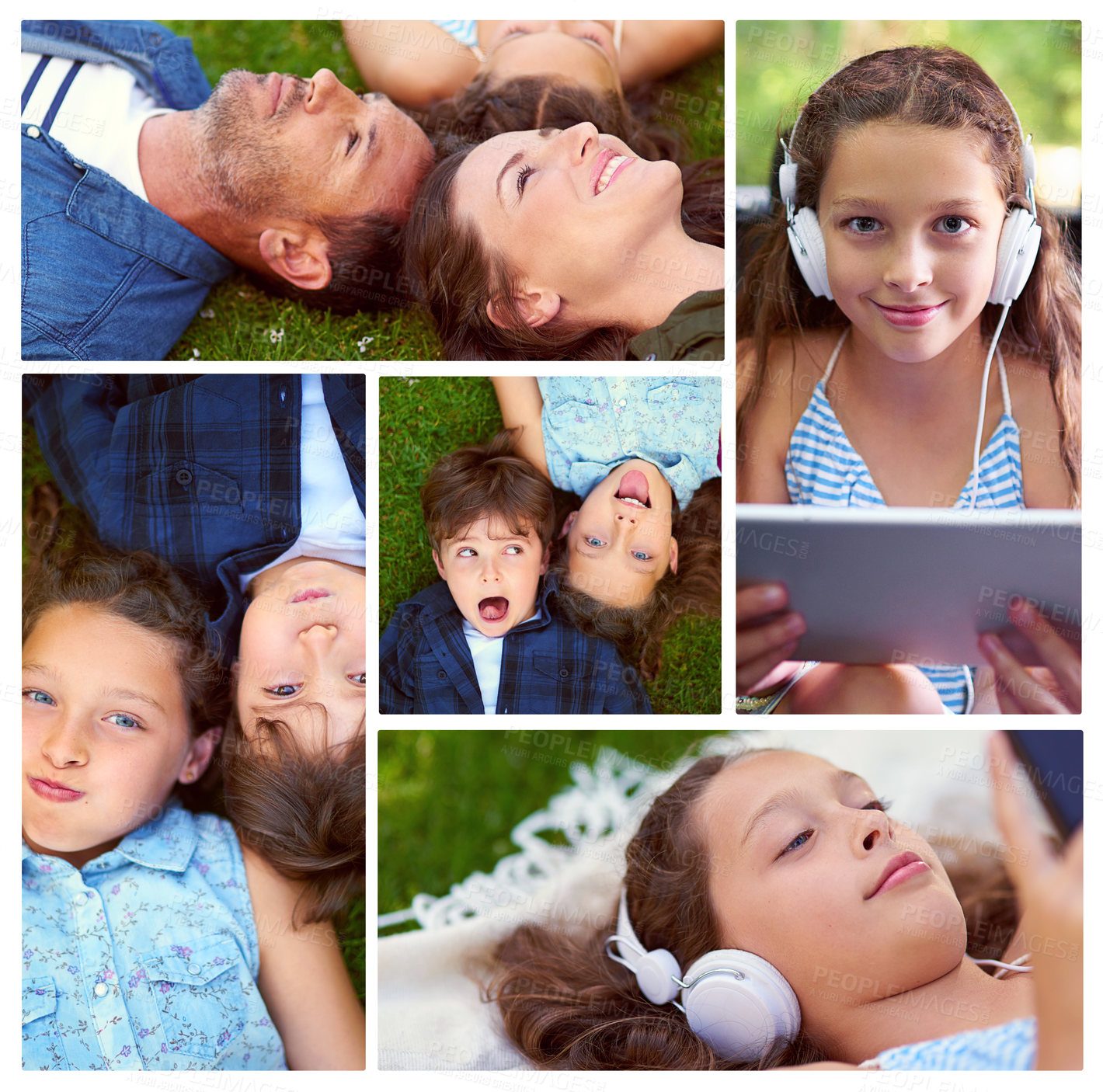 Buy stock photo Family, relax and collage with children on grass for outdoor adventure, bonding or summer vacation. Silly kid, happy and above with technology of girl for holiday, weekend or watching movie in nature