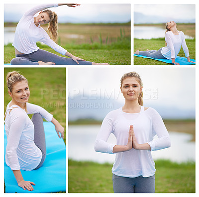 Buy stock photo Composite of an attractive young woman performing yoga outdoors