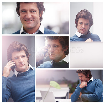Buy stock photo Composite image of a businessman working in his office
