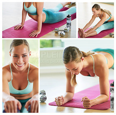 Buy stock photo Composite of an attractive young woman exercising at home