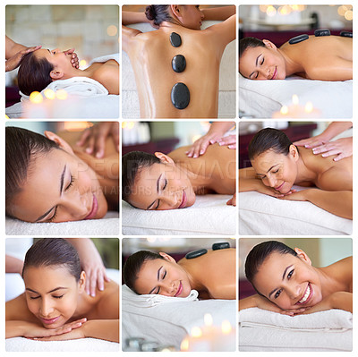 Buy stock photo Composite image of an attractive young woman lying on a massage bed at the spa
