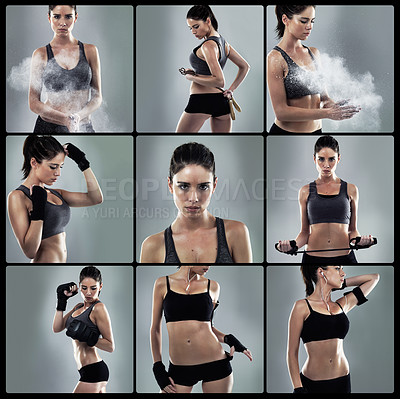 Buy stock photo Composite of an attractive young woman working out in the studio