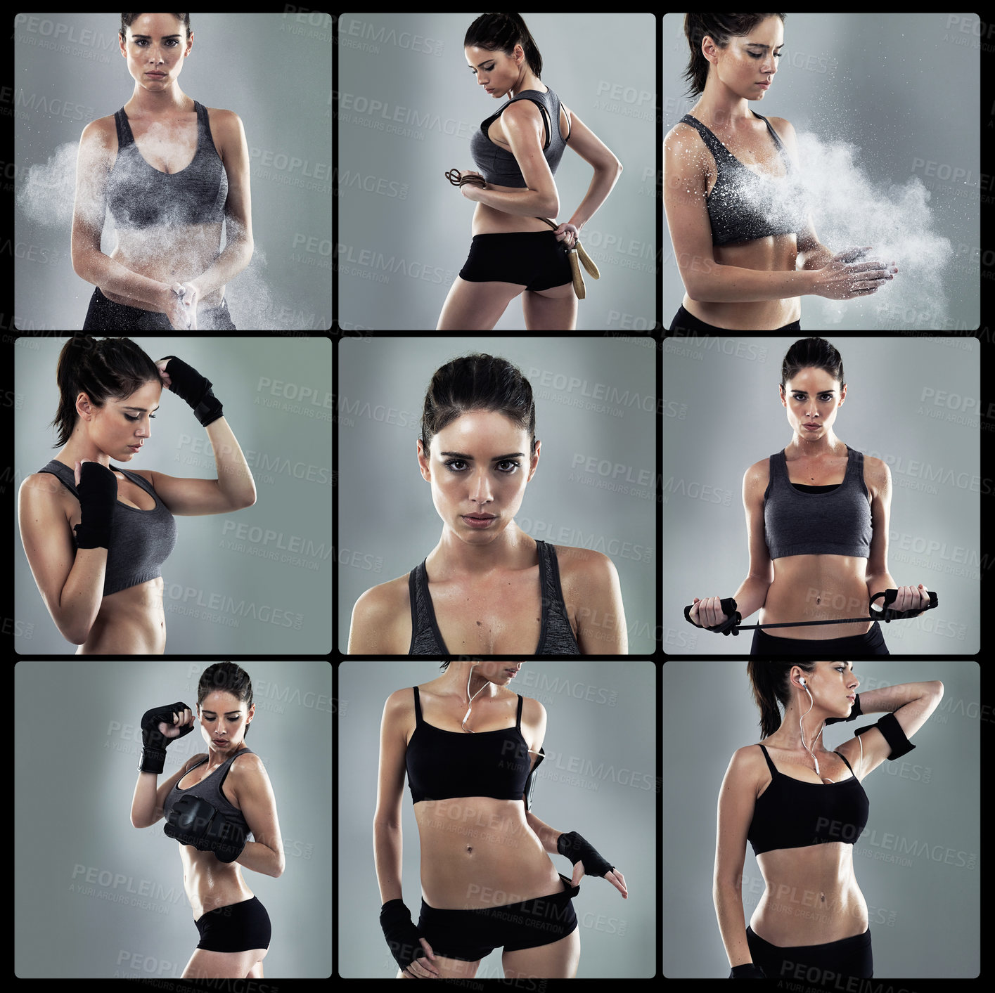 Buy stock photo Composite of an attractive young woman working out in the studio