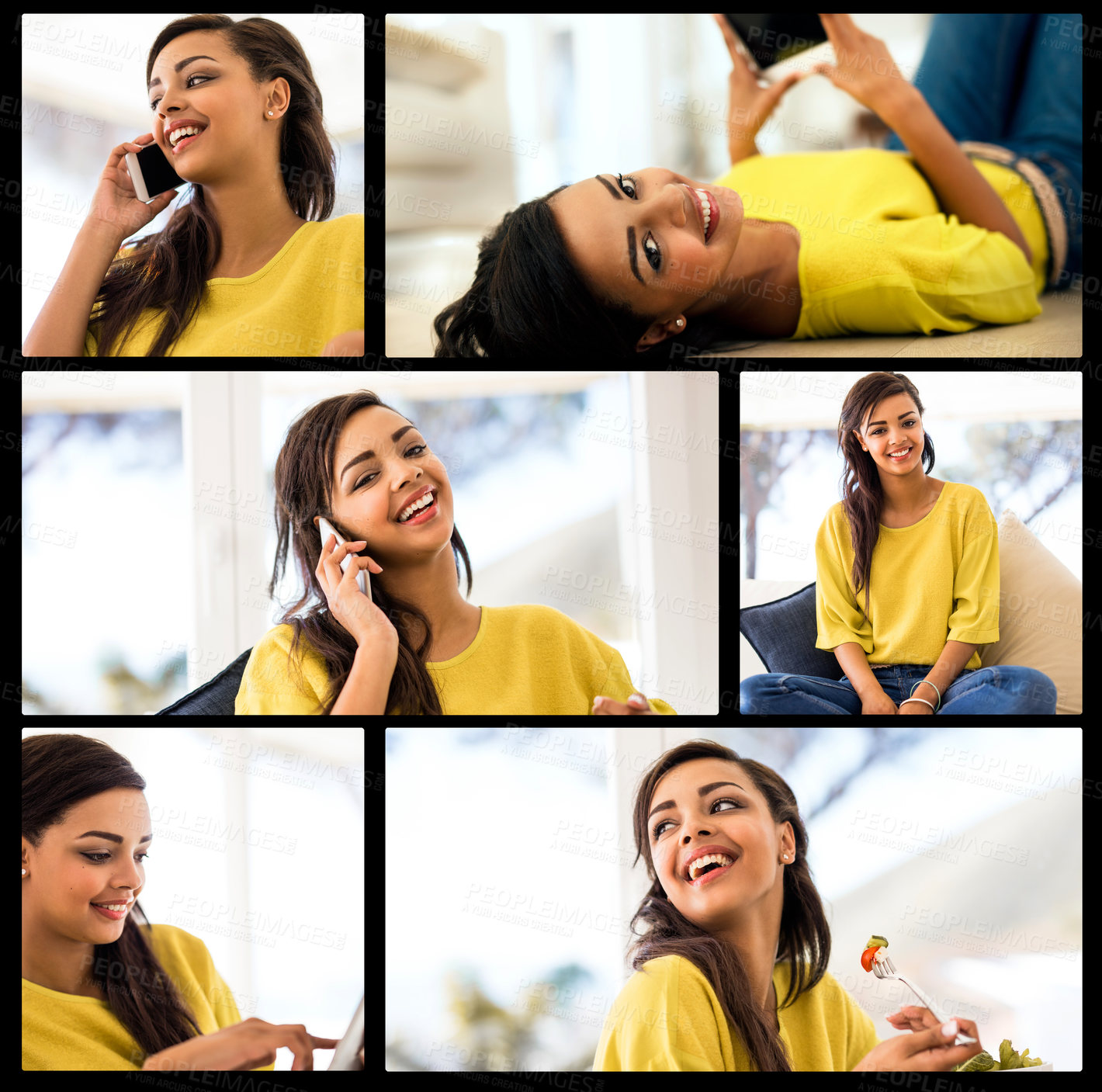 Buy stock photo Girl, relax and happy with mobile, collage and phone call in home for online dating or communication. Female person, technology and smile on social networking app in streaming, break or rest on couch