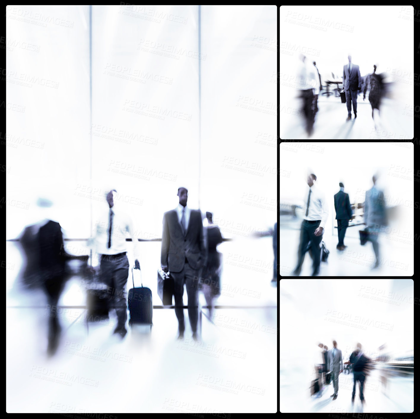 Buy stock photo Business people, walking and collage with airport, blur and corporate travel with staff. Moving, attorney group and suitcase with luggage, lawyer trip and professional with work holiday baggage