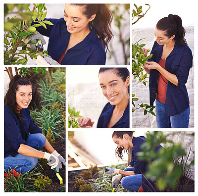Buy stock photo Composite image of an attractive young woman gardening