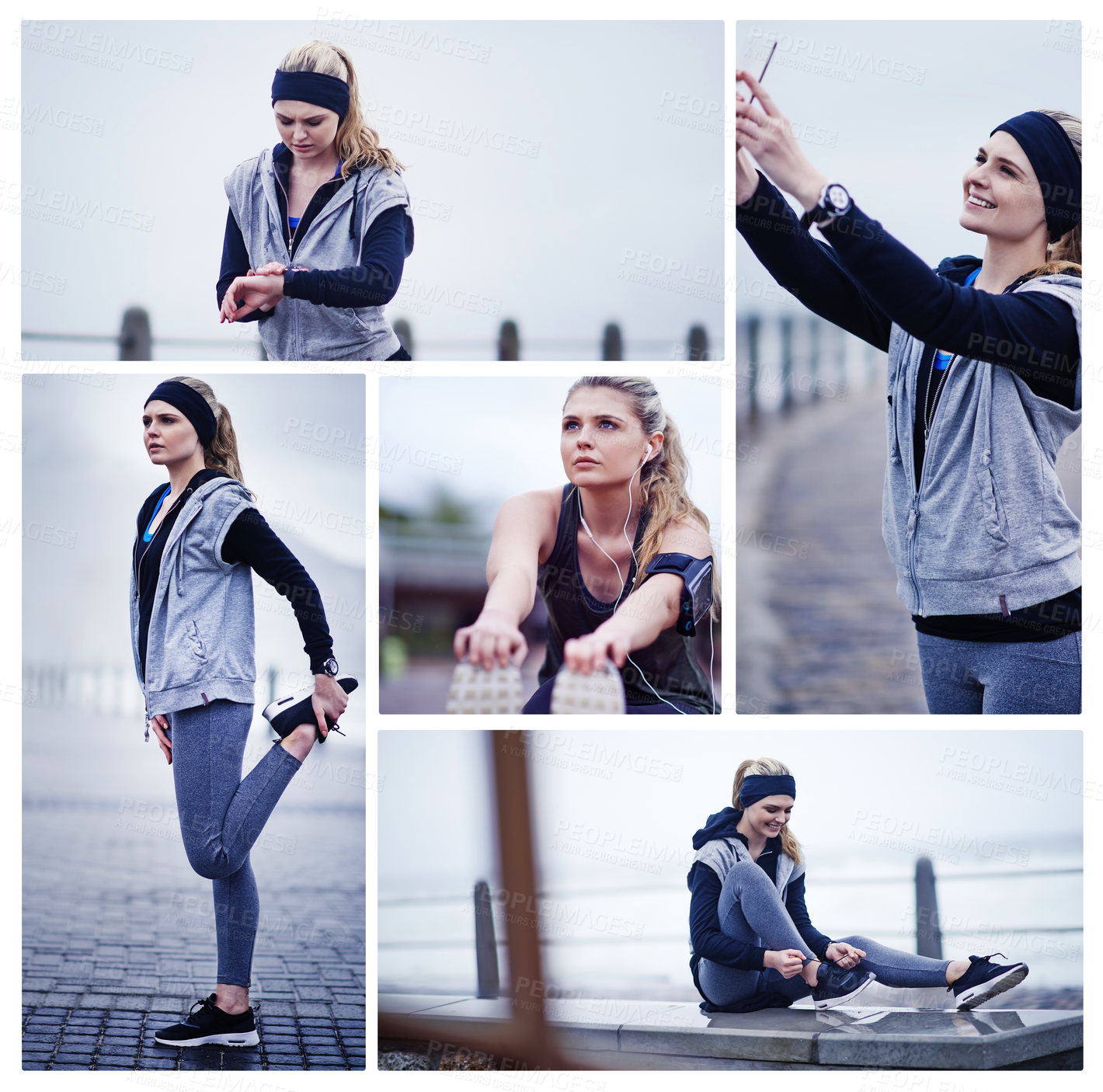 Buy stock photo Composite of an attractive young woman exercising on the pier