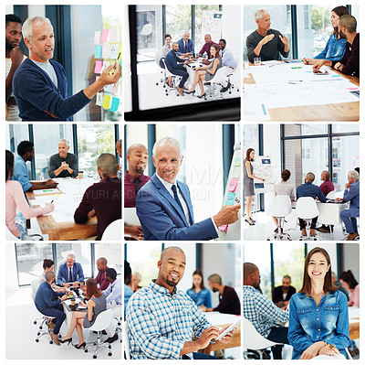 Buy stock photo Composite image of a group of businesspeople meeting in the boardroom