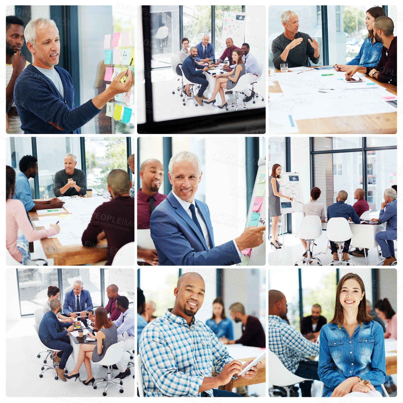 Buy stock photo Collage, team and business people in office for career, meeting and presentation at creative startup. Group, composite and employees at workplace with different job, diversity or journalist coworking