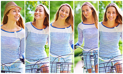 Buy stock photo Composite image of an attractive young woman cycling through the park