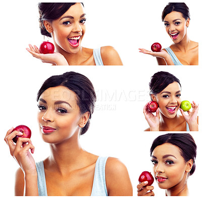 Buy stock photo Composite image of an attractive young woman eating apples isolated on white