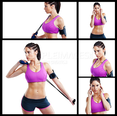 Buy stock photo Composite of an attractive young woman working out against a white background