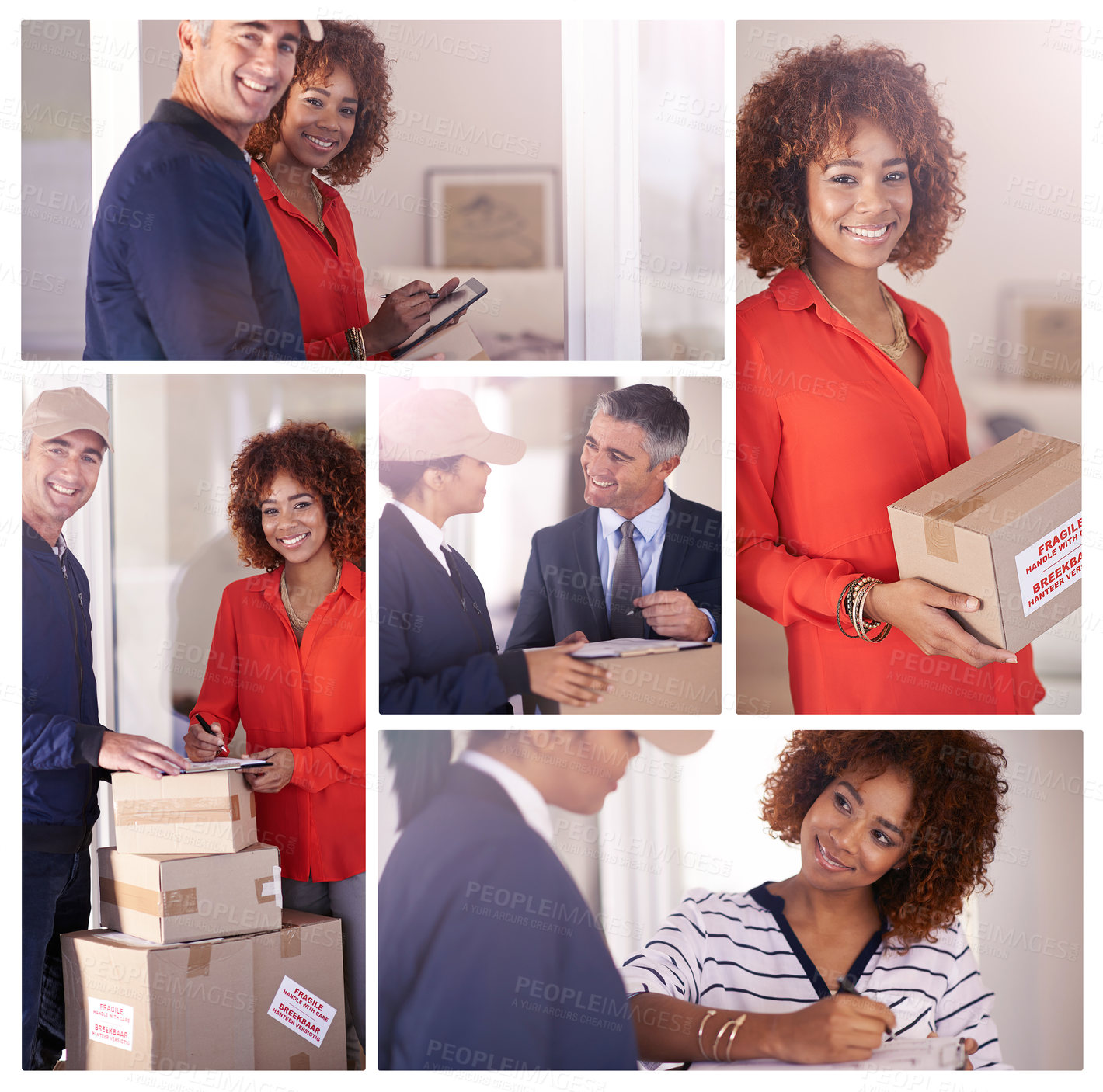 Buy stock photo Business woman, delivery and collage with package signature and e commerce in office. Courier, African professional and shipment box with clipboard and paperwork check with export employee and smile