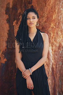 Buy stock photo Serious, woman and fashion with braids outdoor for trendy clothes, cool jewellery or confidence of natural hair. Girl, relax and dreadlocks with creative outfit, unique accessories and culture style