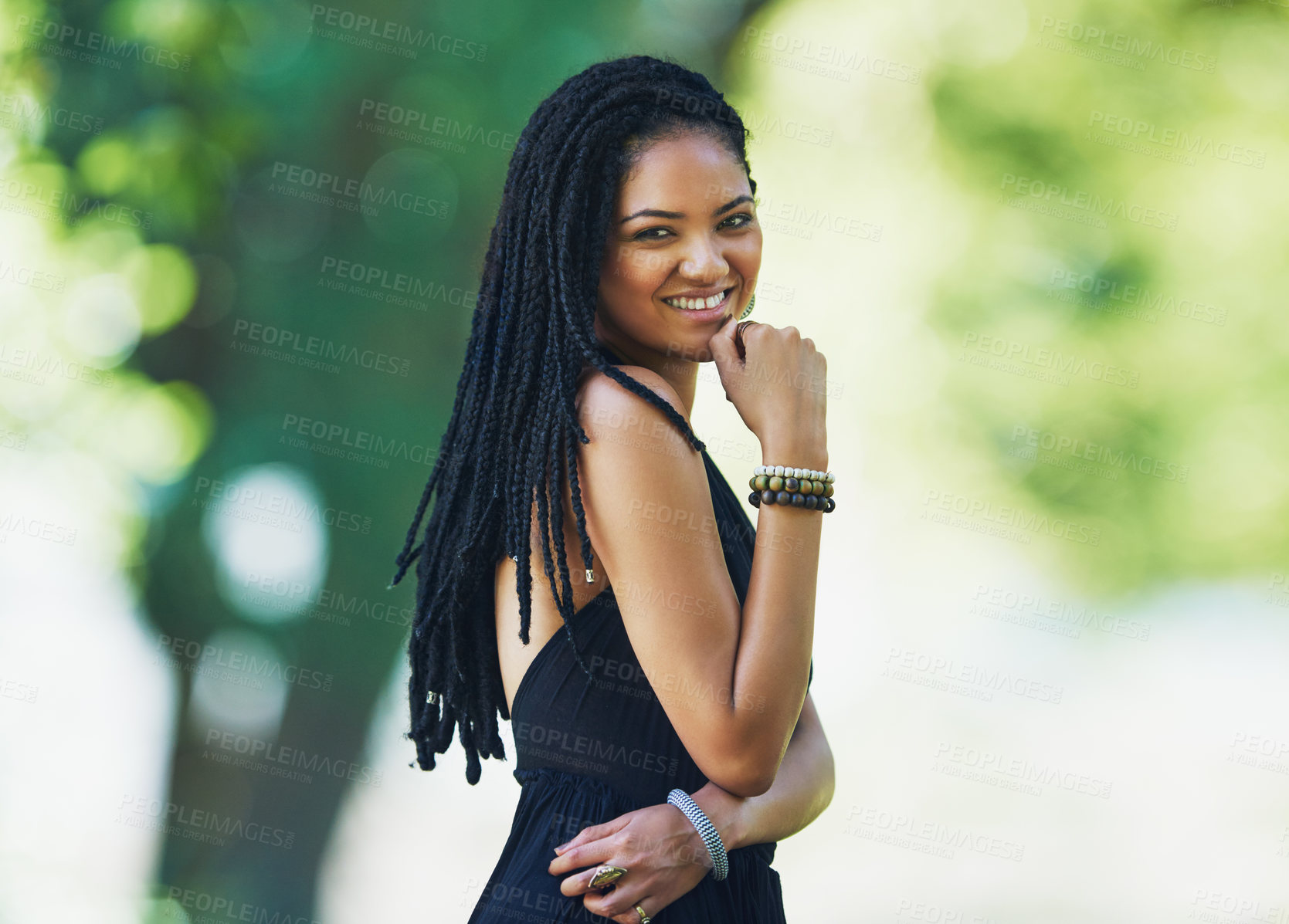 Buy stock photo Portrait, girl and fashion with dreadlocks outdoor for trendy clothes, cool jewellery and confidence of natural hair. Pride, woman and smile with creative outfit, unique accessories and culture style