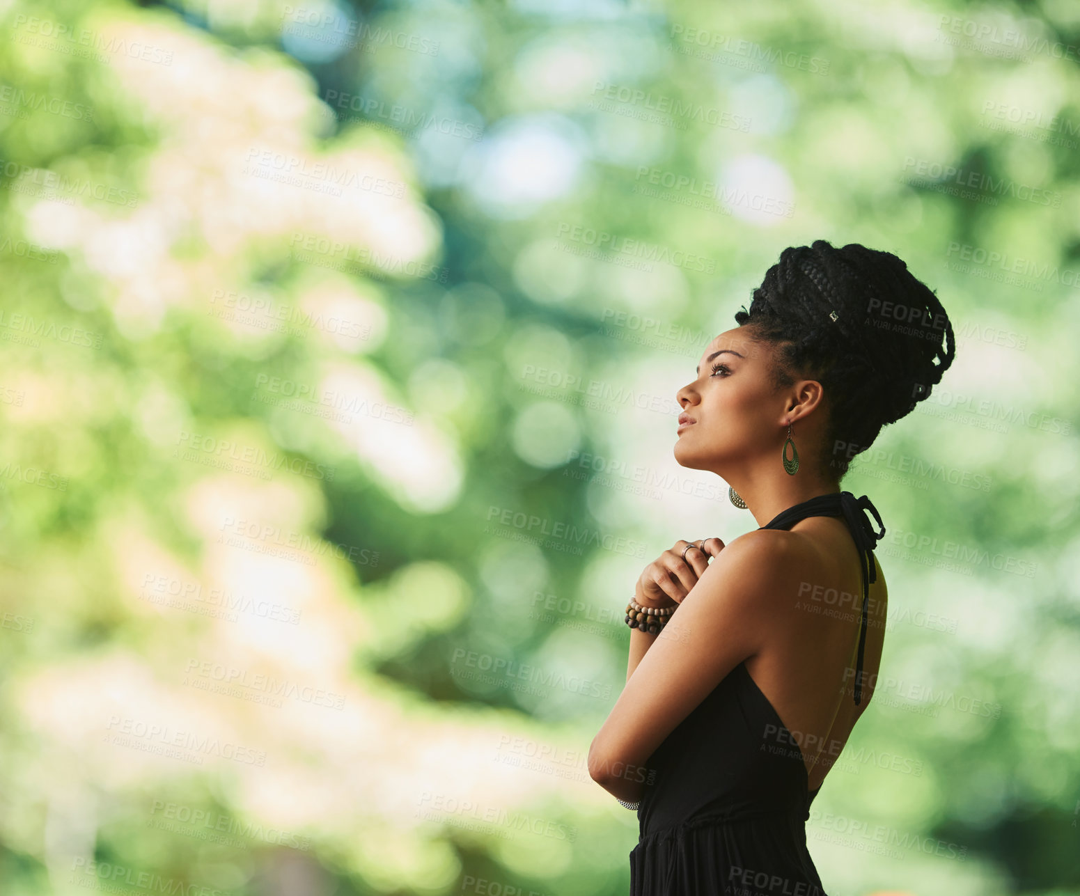 Buy stock photo Thinking, fashion and African woman in garden for heritage, culture or tradition with braids. Outfit ideas, confident or elegant model in nature for style sustainability or organic fabric in park