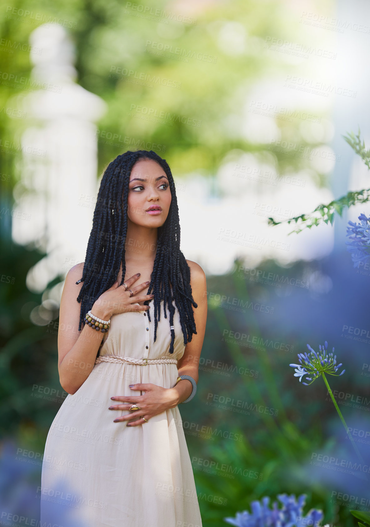 Buy stock photo Portrait of a femininely dressed young woman exploring nature