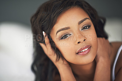 Buy stock photo Portrait of a gorgeous young woman posing seductively in her bedroom