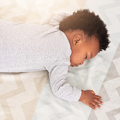 Buy stock photo Baby, african boy and sleeping in bedroom for rest, health and peace for growth, development and relax in family home. Black male infant, tired and sleep on bed with fatigue, quiet and calm in house