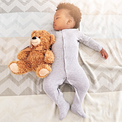 Buy stock photo Top view, teddy bear and baby sleeping in bed for rest, nap time and dreaming in nursery. Childcare, newborn and cute, tired and African child with toy in bedroom sleep for comfort, relax and calm