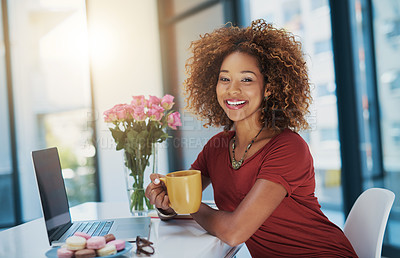 Buy stock photo Office, coffee and portrait of business woman on laptop for research, website review and planning. Creative agency, startup and person with beverage, caffeine and tea for break, relax and peace