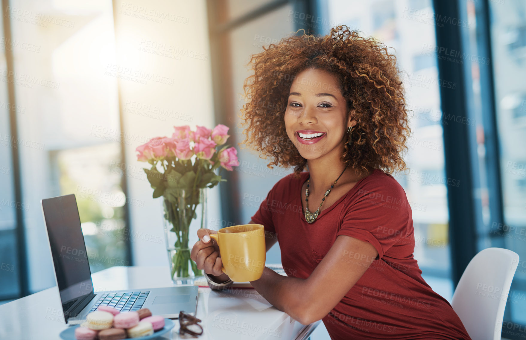 Buy stock photo Office, coffee and portrait of business woman on laptop for research, website review and planning. Creative agency, startup and person with beverage, caffeine and tea for break, relax and peace