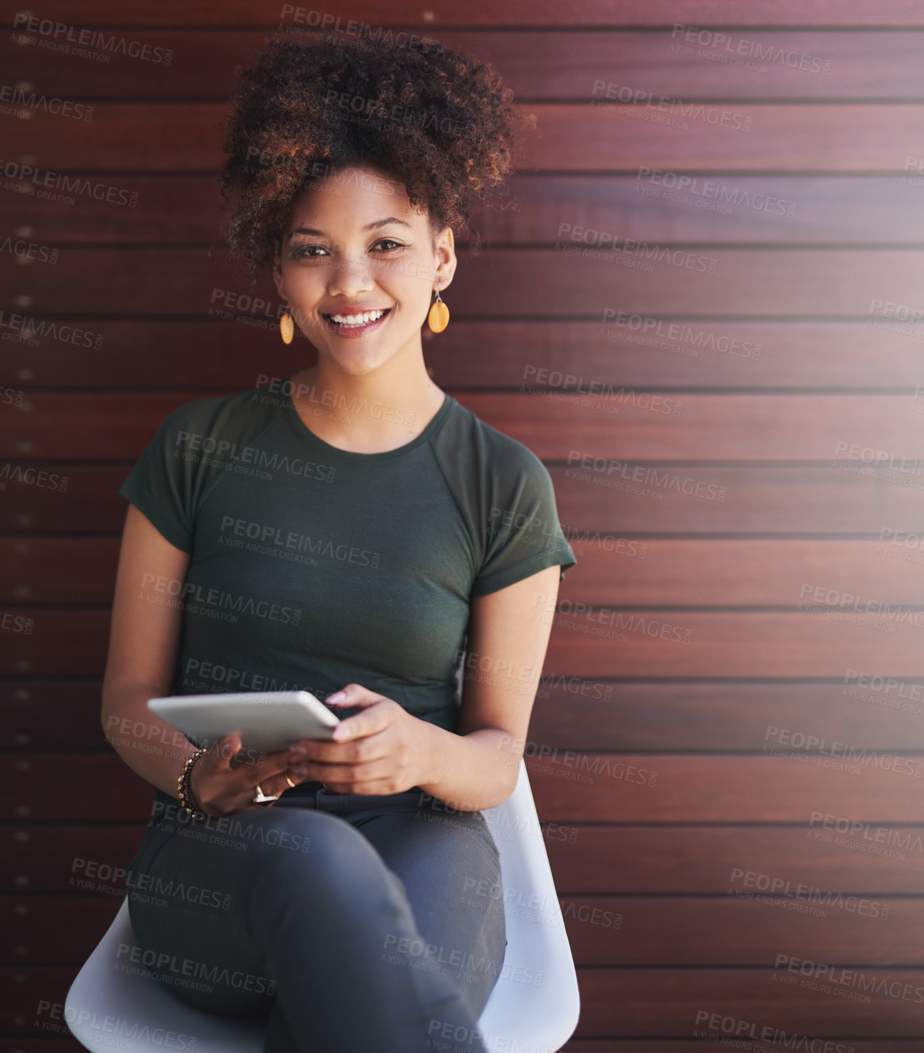 Buy stock photo Business, portrait and woman on chair, tablet and internet with website info, research and social media. Smile, entrepreneur and consultant with tech, connection or online schedule for project or app