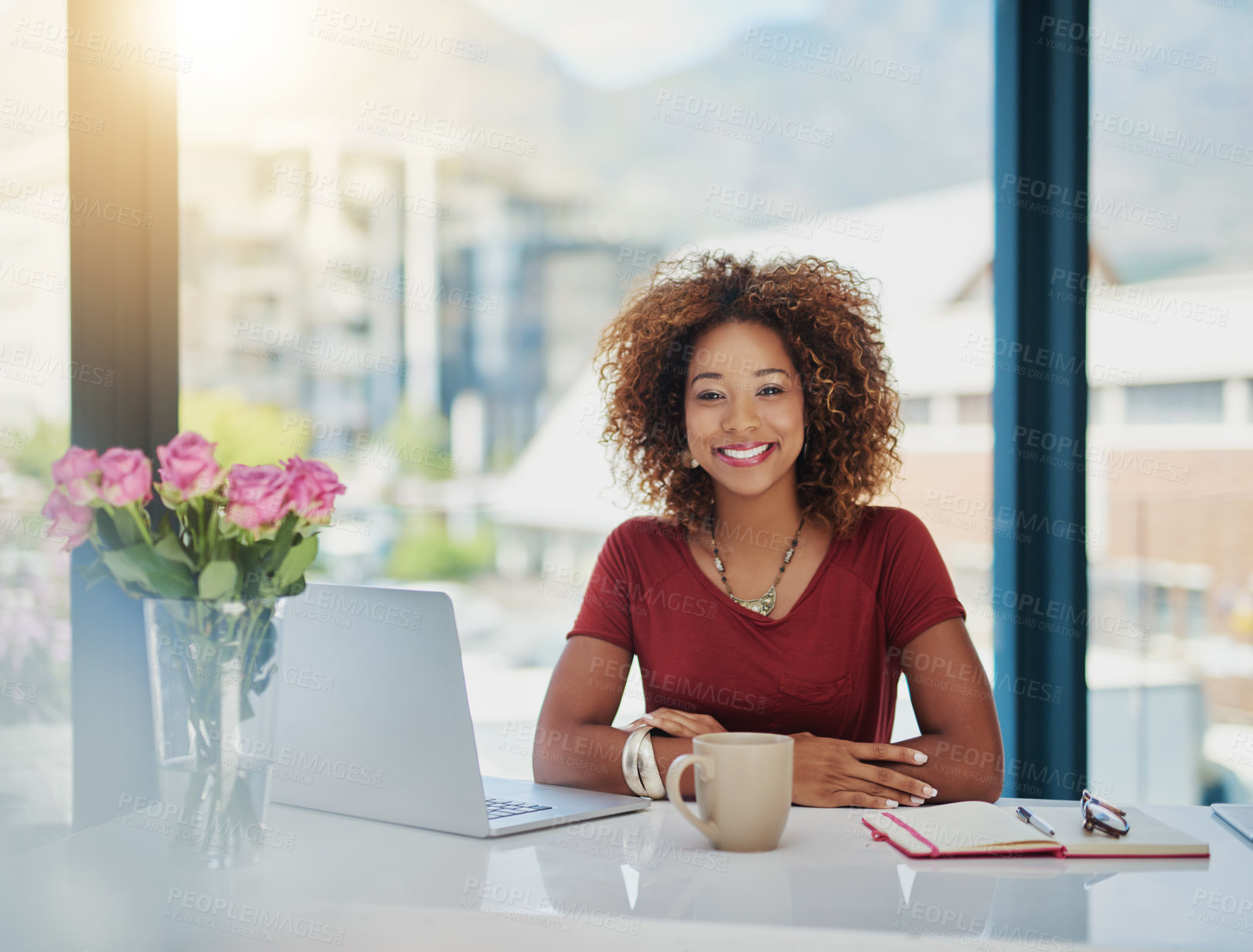 Buy stock photo Black woman, portrait and office with confidence for digital agency, web designer and creative in career. Female person, happy and professional at desk as employee in design industry or media company