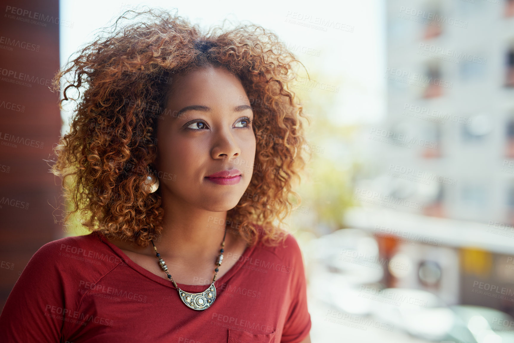 Buy stock photo Woman, thinking and idea in office with planning for digital agency, web designer or creative in career. Female person, pensive and outdoor on balcony as employee in design industry or media company