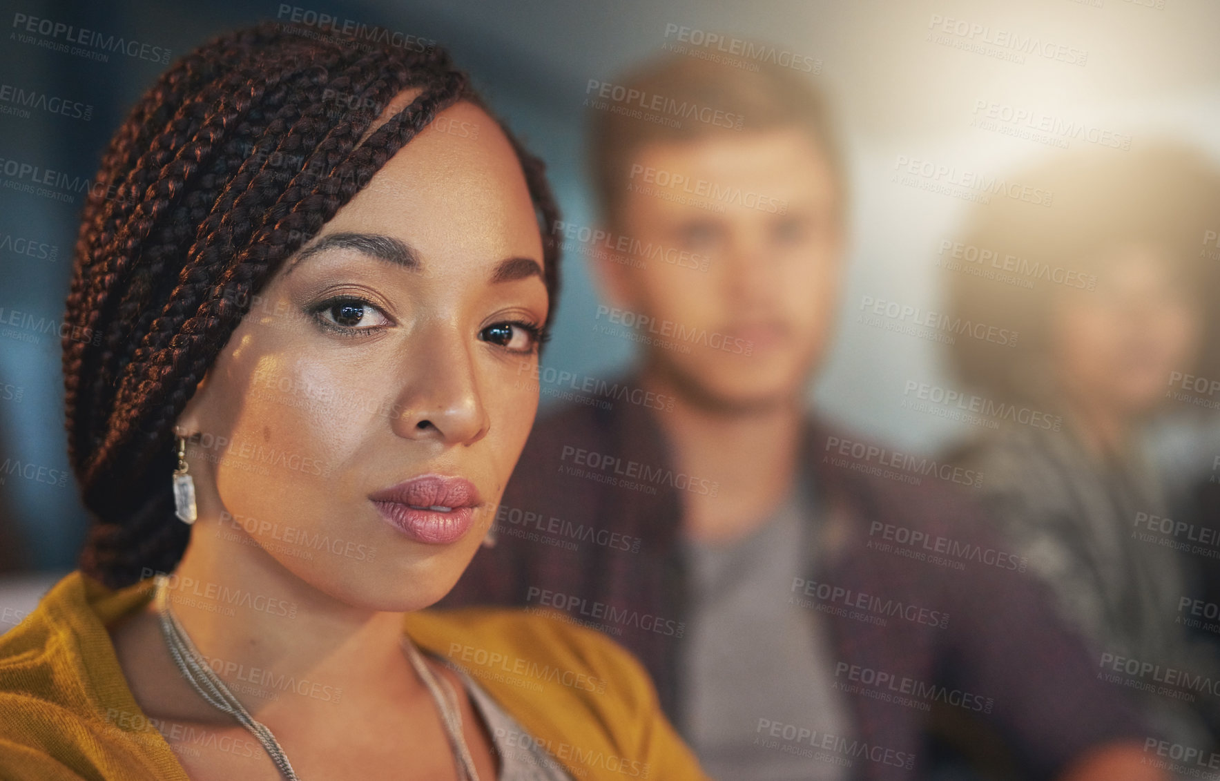 Buy stock photo Business, woman and portrait in office at night for deadline of creative project, overtime and serious for career in design. Female employee, working late and pride for job as campaign manager.