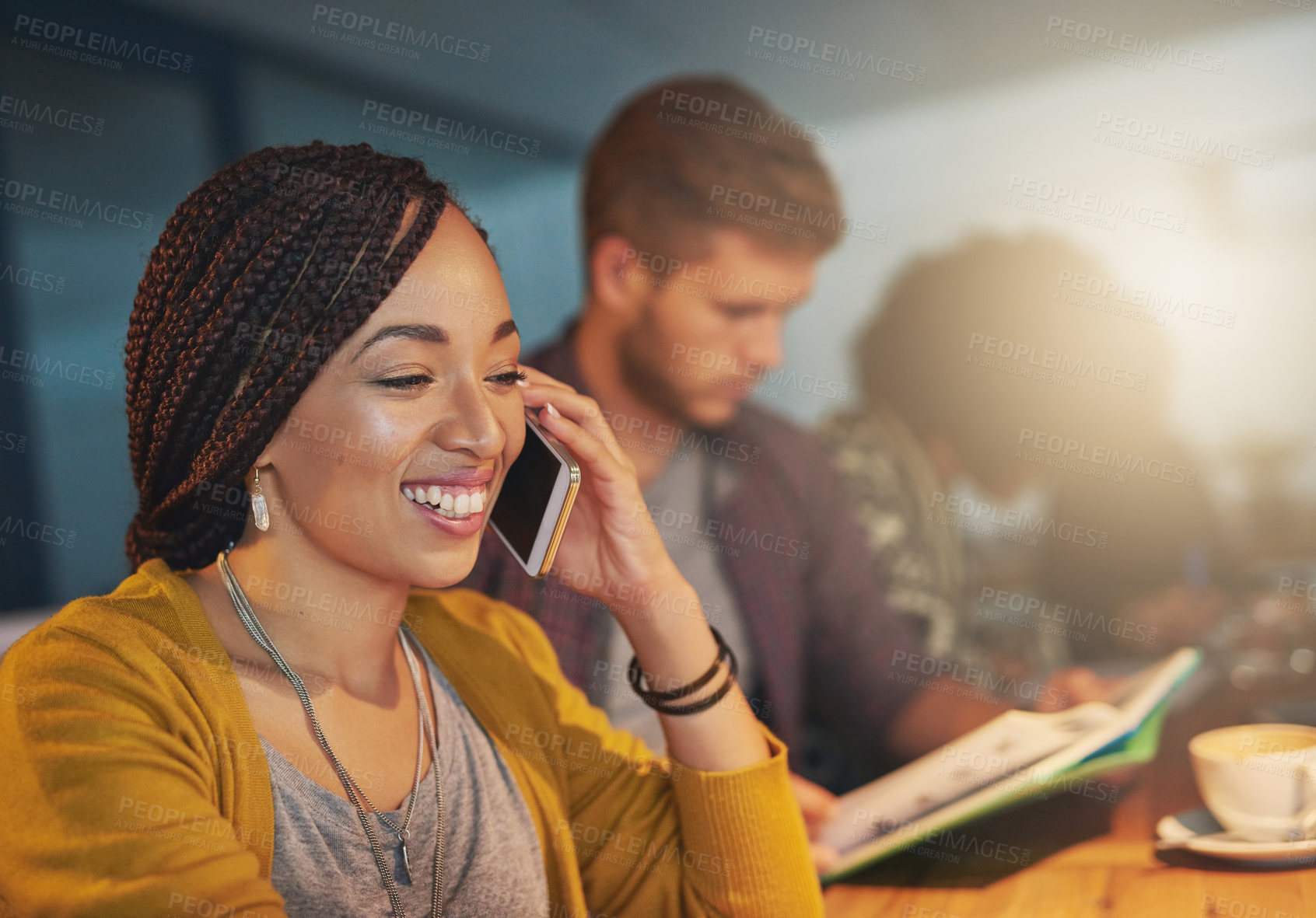 Buy stock photo Night, phone call or happy woman in startup laughing at conversation in business, late shift or overtime. Face, smile or entrepreneur on mobile communication for project development or discussion