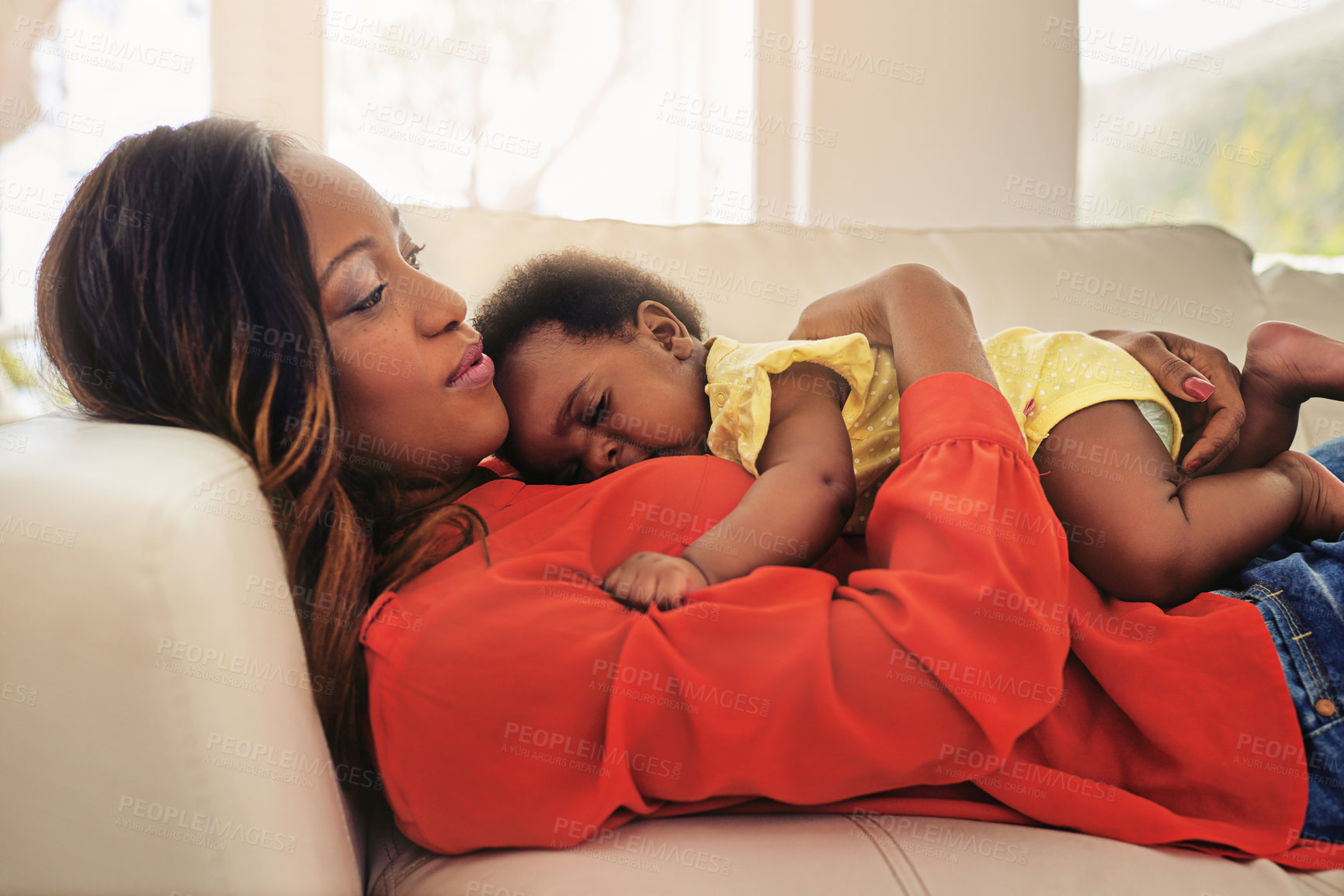 Buy stock photo Black family, tired baby and sleeping in home, love and security for infant dream in living room. Growth, development and comfortable kid on mother, embrace child and nap for fatigue on calm weekend