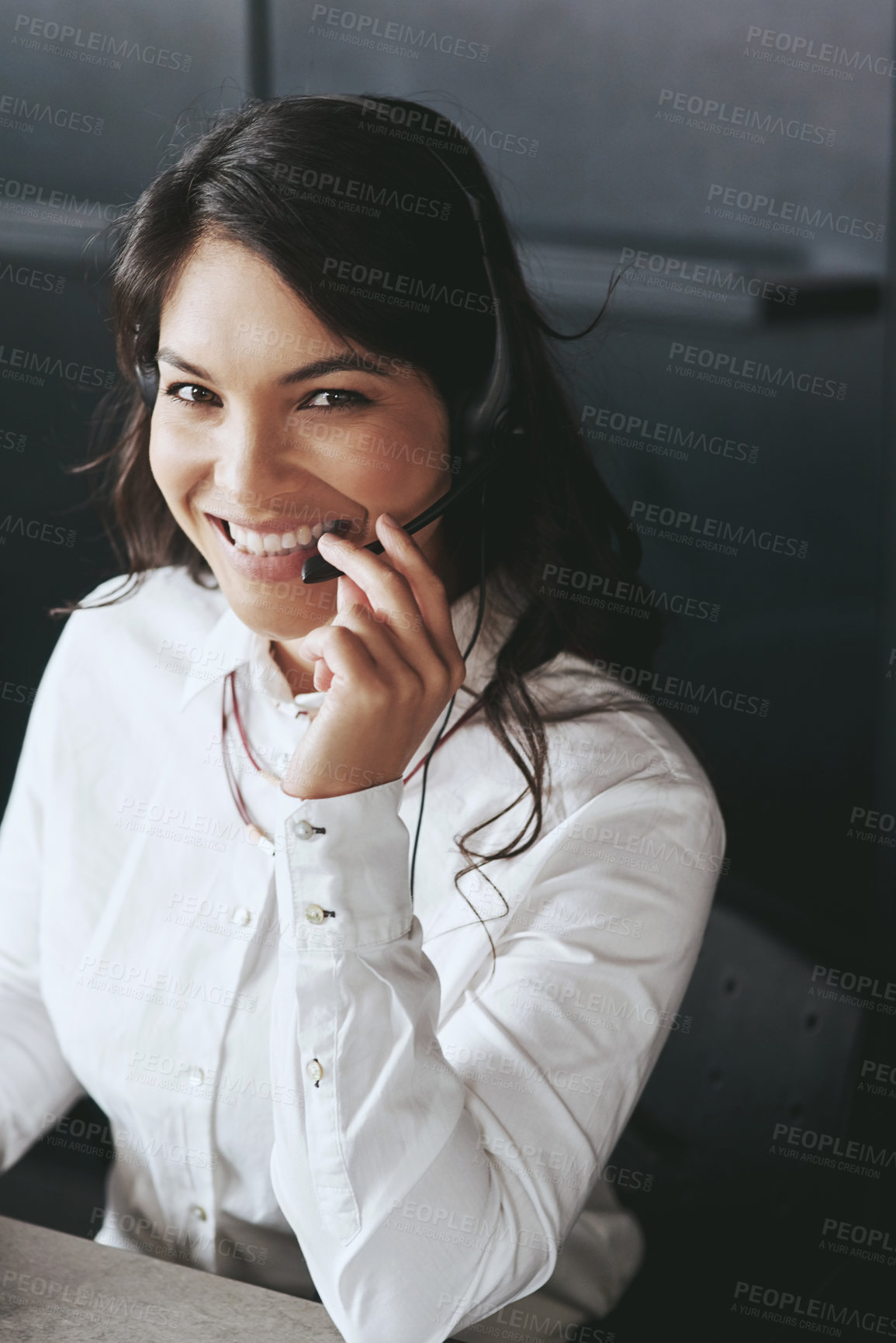 Buy stock photo Business woman, portrait and telemarketing employee with a smile and consultant on a call. Communication, customer service and young female person working on a web support consultation with happiness