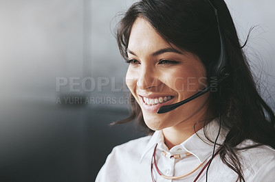 Buy stock photo Business woman, face and telemarketing employee with a smile and mockup on a crm call. Communication, customer service and young female person working on a web support consultation with happiness