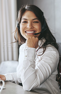 Buy stock photo Business woman, happy portrait and telemarketing employee with a smile on a crm call. Communication, customer service and young female person working on a web support consultation with happiness