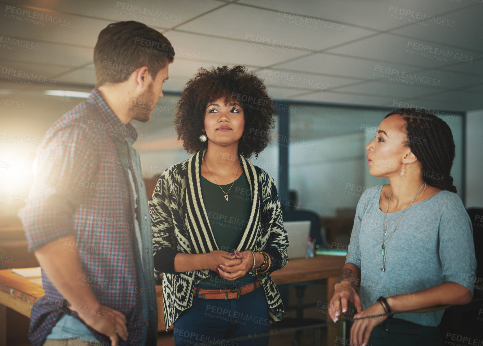 Buy stock photo Creative, group and business people in discussion, planning or brainstorming at startup. Collaboration, team and conversation with manager for advice, feedback or help journalist on deadline at night