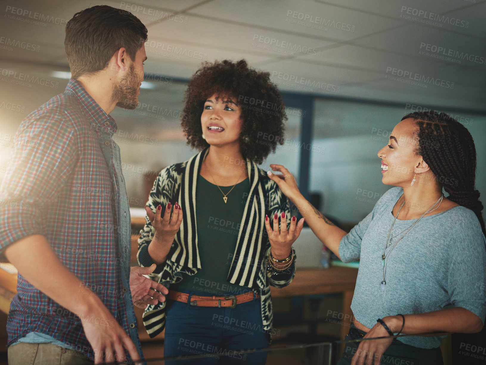 Buy stock photo Creative, group and business people in discussion, talk and question at startup. Collaboration, team and conversation with manager for advice, problem solving or help journalist on deadline at night