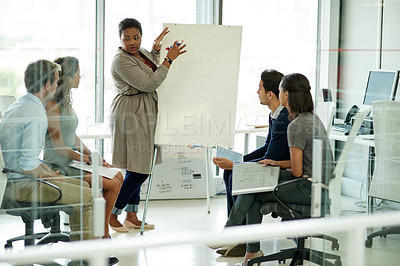 Buy stock photo Woman, presentation and people in workplace or meeting, business planning and white board demonstration. Presenter, company and goals or idea with strategy, collaboration and professional or project