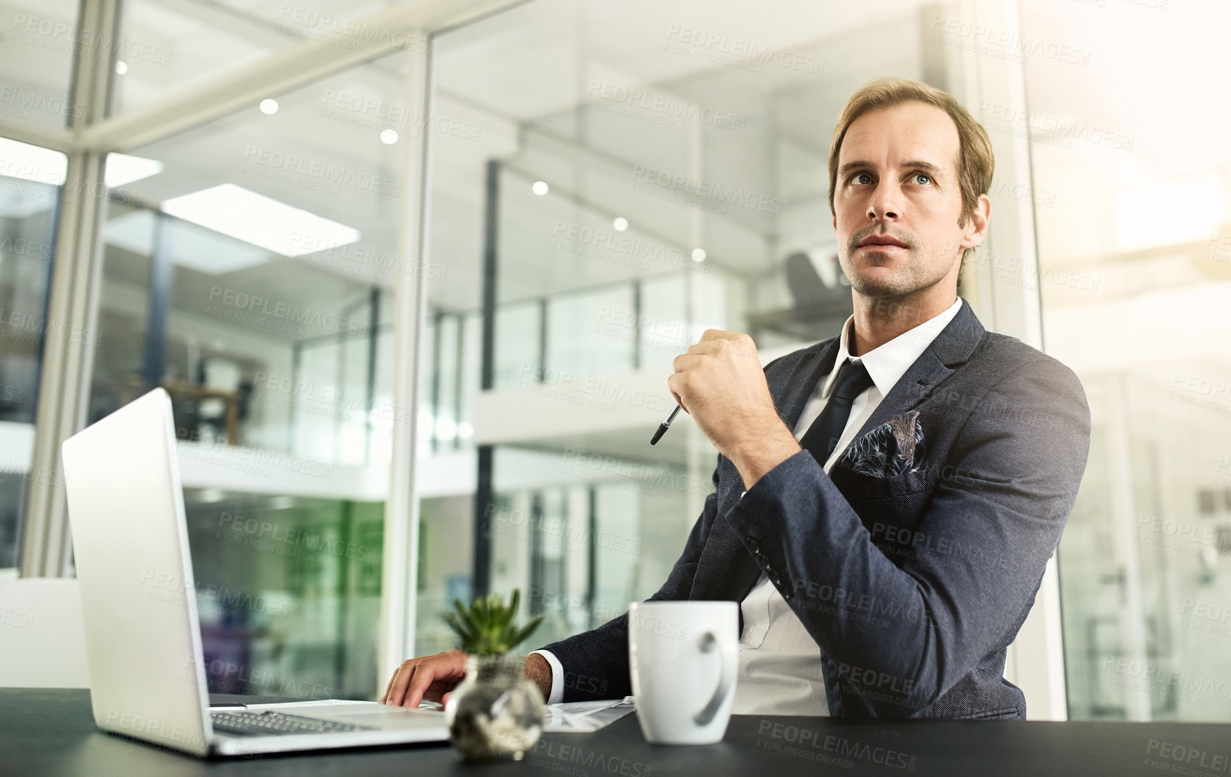 Buy stock photo Thinking, laptop and proposal with business man for policy, finance regulations and compliance officer. Reflection, technology and communication with person at insurance company for risk management