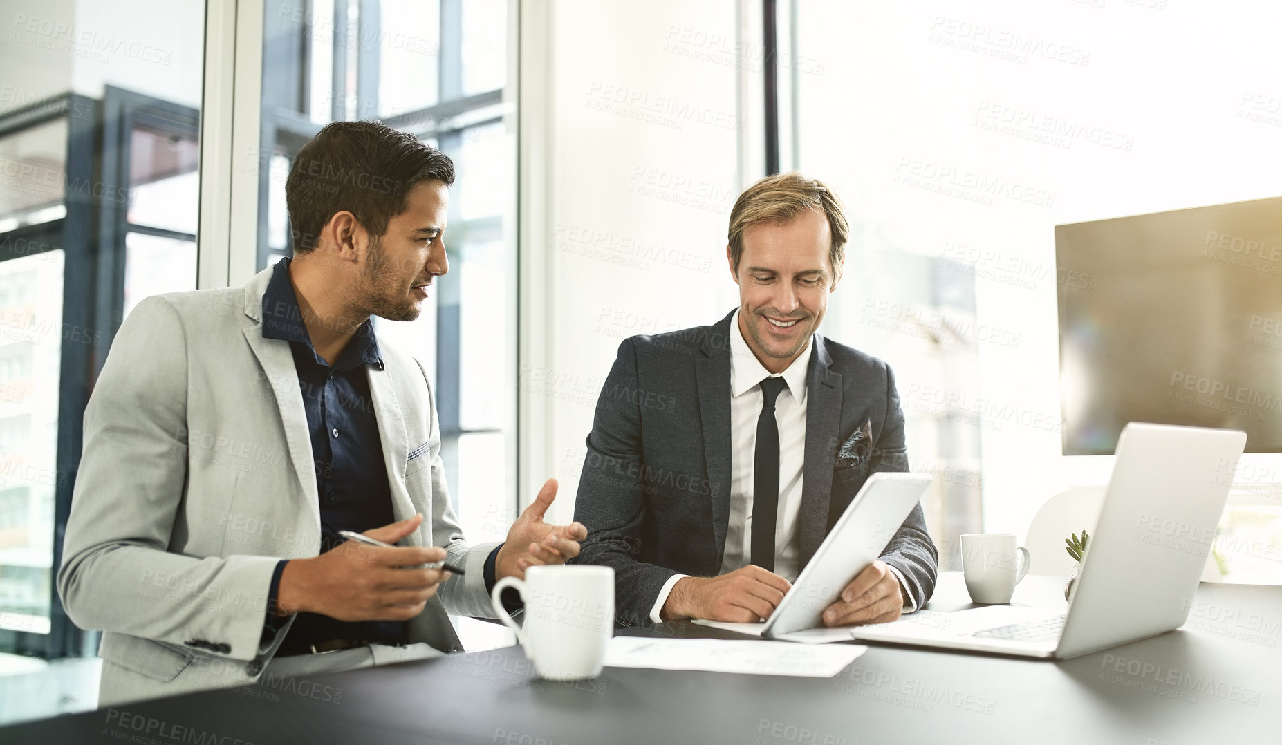 Buy stock photo Businessmen, tablet and legal discussion in office, brainstorming and meeting for justice in boardroom. Employees, cooperation and online to check international law, talking and plan for legislation