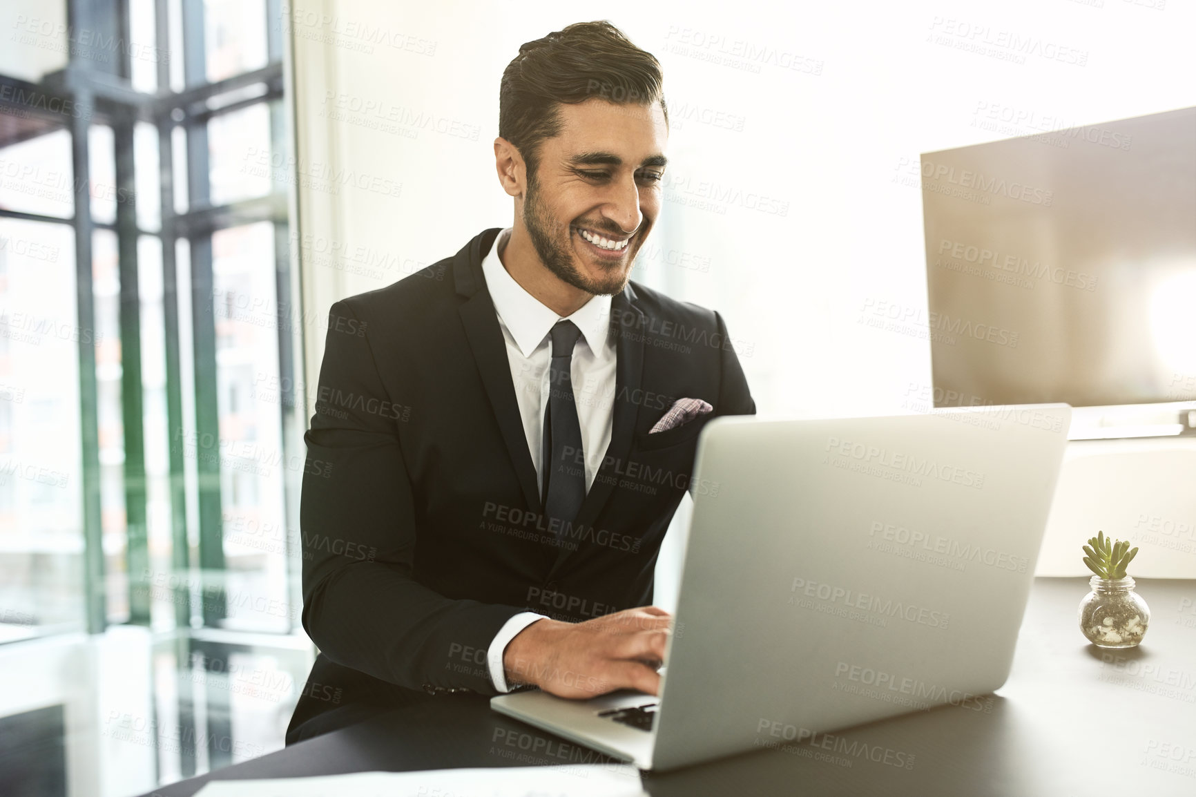 Buy stock photo Corporate, laptop and research with business man for policy, finance regulations and compliance officer. Solution, technology and communication with person at insurance company for risk management