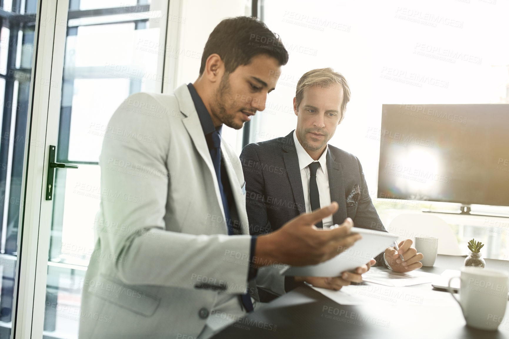 Buy stock photo Businessmen, tablet and legal teamwork in office, brainstorming and meeting for justice in boardroom. Employees, cooperation and online to check international law, talking and plan for legislation