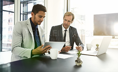 Buy stock photo Businessmen, tablet and legal partnership in office, brainstorming and meeting for justice in boardroom. Employees, cooperation and online to check international law, talking and plan for legislation