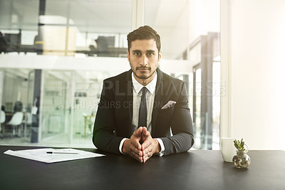 Buy stock photo Businessman, portrait or broker in finance with confidence, paperwork or investment banking career. Face, serious or proud professional investor in financial company, office and corporate institution