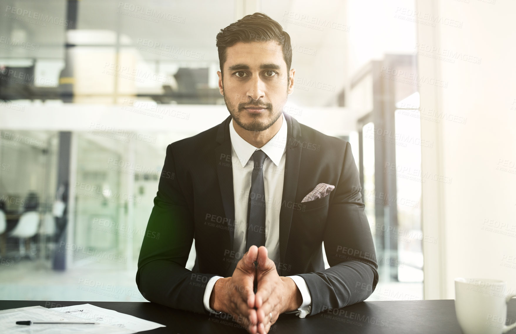 Buy stock photo Businessman, portrait or broker in office with confidence, paperwork or investment banking career. Face, serious or proud professional investor in financial company, finance and corporate institution