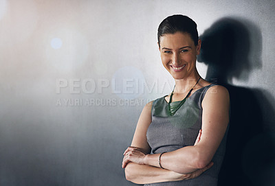 Buy stock photo Portrait, studio and woman with arms crossed, happy or confident for career growth in law firm. Grey background, case and public defender with opportunity, legal and smile for justice or mockup space