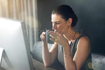 Buy stock photo Coffee, desktop and businesswoman in office in morning reading finance revenue report for company. Technology, career and female financial manager drinking cappuccino and checking email online.