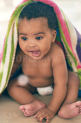 Buy stock photo Cute baby, black child and blanket for play, game and peekaboo on nursery room floor, happiness and fun. Happy young infant kid, girl and smile for healthy development, growth and lifestyle in house 