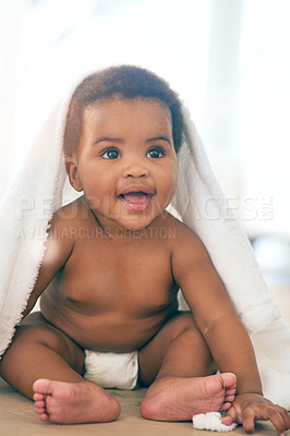 Buy stock photo Cute baby, black girl and blanket to play, game and peekaboo in nursery room, happiness and fun. Happy young infant child, kids and smile for healthy development, growth and laughing face in house 